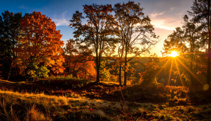 Scenic Autumn Landscape with Vibrant Orange and Yellow Trees at Sunset in Tranquil Setting