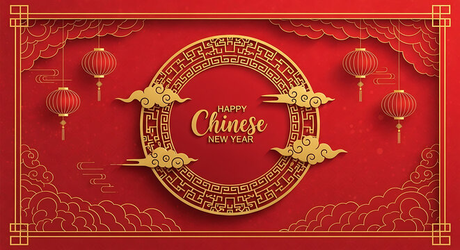 Festive Chinese New Year design with lanterns, clouds, and intricate golden patterns on a red background. - Powered by Adobe