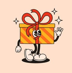 Groovy yellow gift box character in retro style. Flat vector illustration.