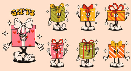 Set of groovy gift box characters. Flat vector illustration.