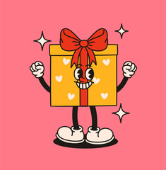 Groovy yellow gift box character with a bow in retro style. Flat vector illustration.