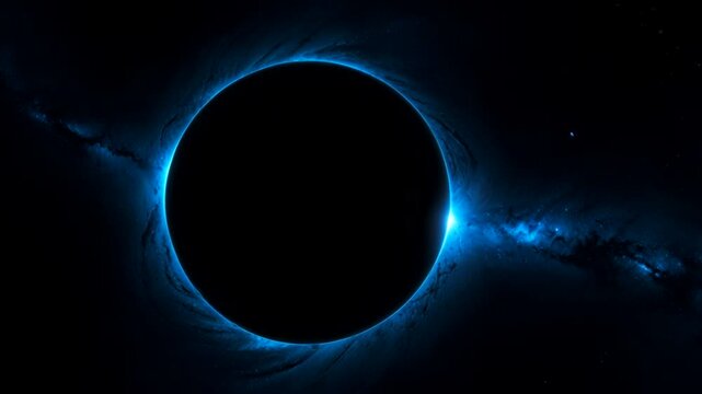 The central object closely resembles a total solar eclipse or an artistic depiction of a black hole surrounded by an accretion disk emitting energy, giving it a cosmic, mysterious, and dramatic feel.
