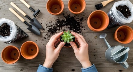 Top view of hands holding small plant seedling for planting in terracotta pots, gardening preparation scene with soil and watering can on wooden table