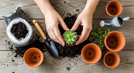 Top view hands planting green seedling in terracotta pot with gardening tools and soil on rustic wooden table, spring gardening preparation flat lay scene