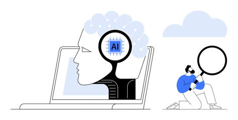 Profile of AI chip inside brain on laptop screen, researcher with magnifying glass exploring ideas. Ideal for artificial intelligence, machine learning, innovation, analysis, future technology, data