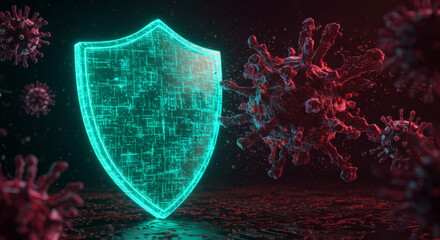 Glowing digital shield protecting against red viral pandemic virus cells, symbolizing health and safety