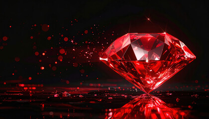 Red diamond gemstone shining brightly with sparkling reflections and glowing red particles on dark background, creating luxurious and elegant atmosphere
