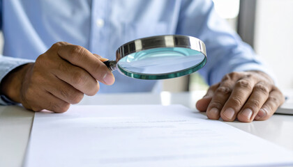 Person holding magnifying glass over document, inspecting details carefully with focus and precision in bright office setting