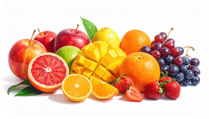 Fresh colorful fruit assortment including apples, mango, orange, lemon, grapes, strawberries, and lime arranged on white background with vibrant natural colors and juicy texture