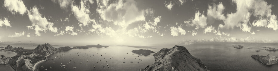 Drone aerial photography of Padar Island showing panoramic coastline and natural beauty of Komodo