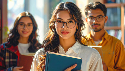 Young woman holding book with two students standing behind her in library, smiling and wearing glasses