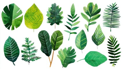 Watercolor illustration of assorted green leaf shapes, arranged loosely on white