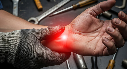 Worker's painful wrist glowing red, surrounded by tools, symbolizing occupational injury, carpal tunnel, or repetitive strain.