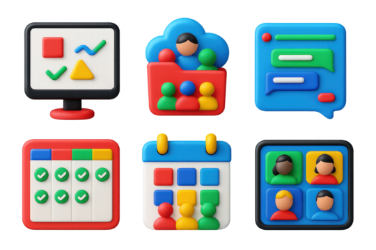 3D Collaboration Icons. 3D icon set of collaboration tools and platforms: shared whiteboard on screen, cloud folder with avatars,