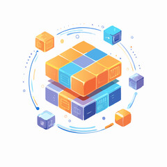 Abstract Isometric Cube Structure with Colorful Blocks and Circular Design.