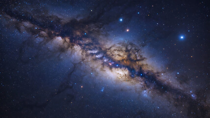 Fototapeta premium Dense star-filled band of the Milky Way galaxy stretching across deep space with bright celestial objects and dark nebulae