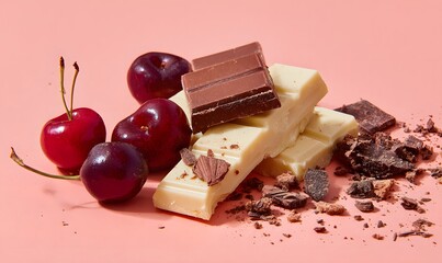 gourmet food scene on a vibrant light orange background. cherries laying aside pieces and crumbs of white chocolate and dark chocolate.