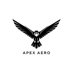 A striking black and white logo, featuring a stylized bird with outstretched wings, with text below
