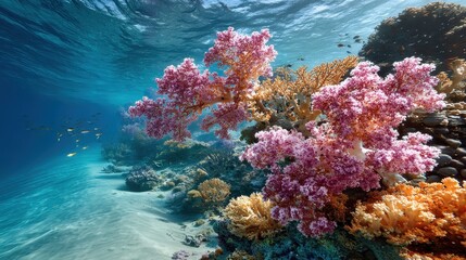 Vibrant underwater coral reef with pink and orange soft coral formations. Use this to showcase ocean beauty or marine conservation efforts.