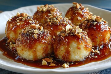 Sweet dumplings topped with caramel sauce and chopped nuts on a plate. Use this photo for food blog posts or dessert related designs.