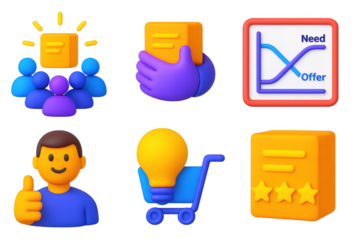 3D Product-Market Icons. 3D icon set of product-market fit discovery: product glowing in crowd, user hand hugging item, chart