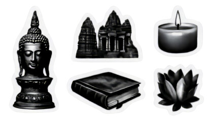 Obraz premium Retro Halftone Elements Collection with Buddha, Lotus, Candle, and More on Isolated Background