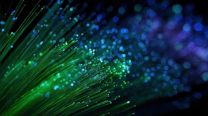 Obraz premium Fiber optic strands glow blue, green, and purple against a dark background