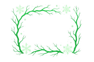 Winter decorative frame with green branches and glowing snowflakes on transparent background for season designs