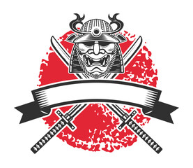 Samurai Emblem: A striking emblem, featuring a fearsome samurai helmet and crossed swords against the backdrop of the red rising sun.