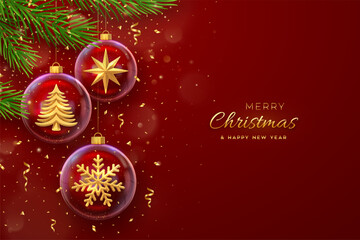 Christmas greeting card. Transparent glass ornaments with golden Christmas star, Christmas tree, and snowflake inside. Festive red background with pine branches and confetti. Vector illustration.