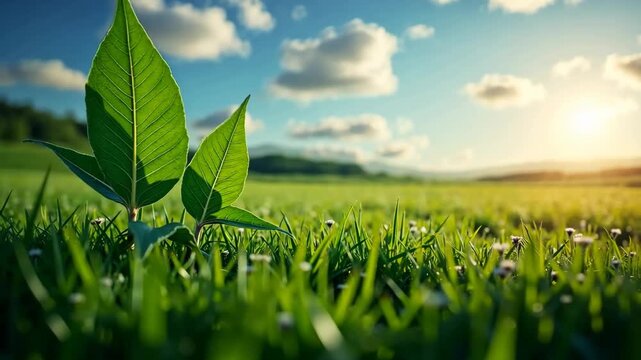 Green leaves emerging from lush grass under a bright sky with fluffy clouds, capturing the essence of nature's beauty and the warmth of sunlight in a serene landscape