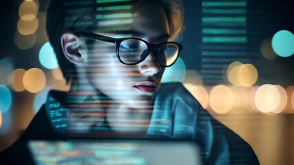 Young woman with short hair and glasses is focused on coding on a laptop, illuminated by city lights, showcasing the modern tech environment and digital creativity - Powered by Adobe
