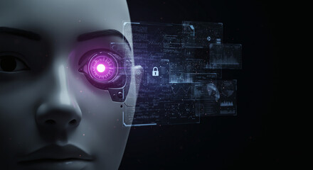 Cybernetic Sentinel AI Robot Eye Illuminating Secure Digital Information and Future Technology