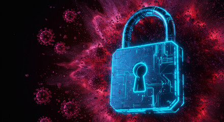 Digital padlock symbolizing robust cybersecurity measures and network protection against abstract viral threats and potential data breaches in a secure technological environment