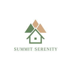 Fototapeta premium A geometric logo features a house below three mountain peaks. The text 