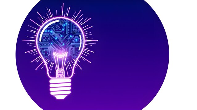 AI Idea and Innovation — flat vector illustration of a glowing light bulb filled with digital circuit patterns, gradient from blue to purple, representing creative technology and artificial intelligen