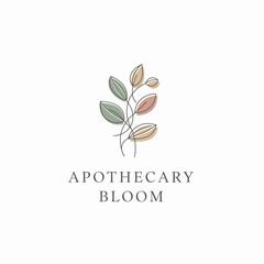 Fototapeta premium Minimalist botanical design with leaves of varying colors and delicate lines. Text below reads 