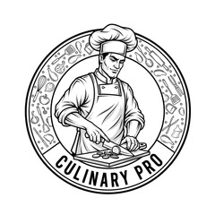 Chef slicing food on a cutting board, surrounded by cooking tools within a circular design