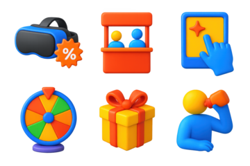 3D Marketing Icons. 3D icon set of experiential and interactive marketing: VR headset with promo badge, booth with avatar