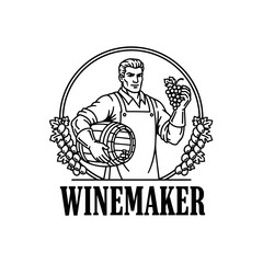 A stylized illustration of a winemaker holding a barrel and grapes inside a circular frame