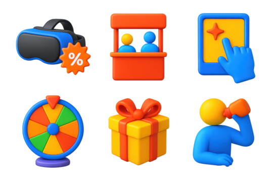 3D Marketing Icons. 3D icon set of experiential and interactive marketing: VR headset with promo badge, booth with avatar