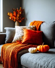 Cozy sofa with pumpkins and orange throw blanket in warm Halloween home interior