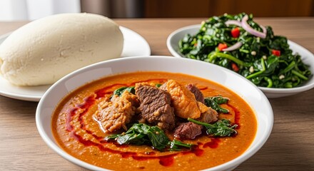 Delicious African Stew with Fufu and Greens.