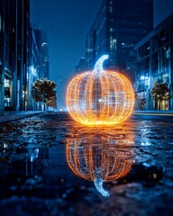 Futuristic glowing pumpkin with city reflection on wet street at night