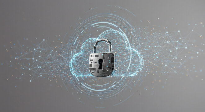Secure cloud computing and data protection with digital padlock and network connections - Powered by Adobe