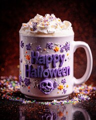 Whipped cream Halloween coffee mug with purple skull and sprinkles on dark festive background