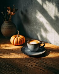 Rustic coffee cup and small pumpkin on wooden table in warm autumn sunlight