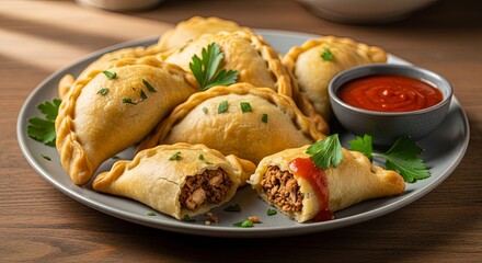 Delicious Empanadas Served with Spicy Tomato Sauce and Fresh Parsley Garnish.