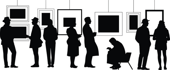 Art gallery silhouette, people observing artwork, black and white vector, museum visitor poses, creative space illustration, cultural scene, design element © Its Marjia's World
