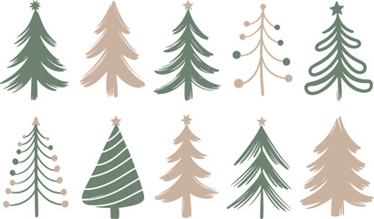 Obraz premium Ten stylized Christmas trees in green and beige holiday